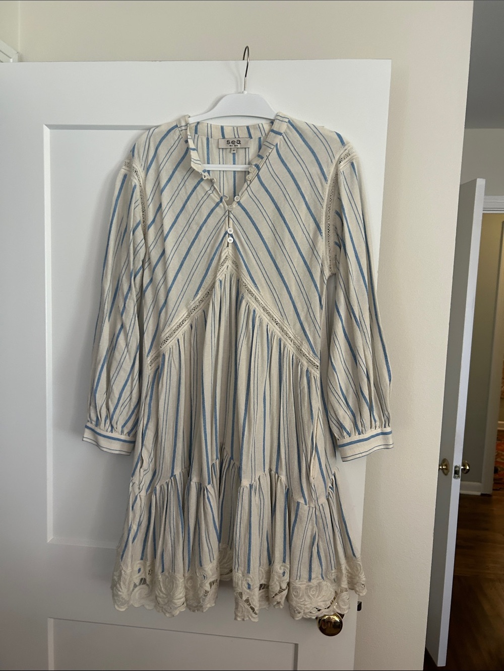 Sea New York Cream and Blue Striped Lace-Trim Mini Dress